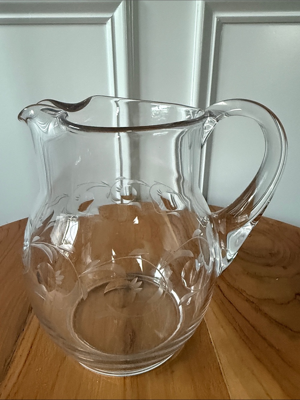 Vintage Princess House Style Etched Glass Pitcher Floral Scroll Ice Lip